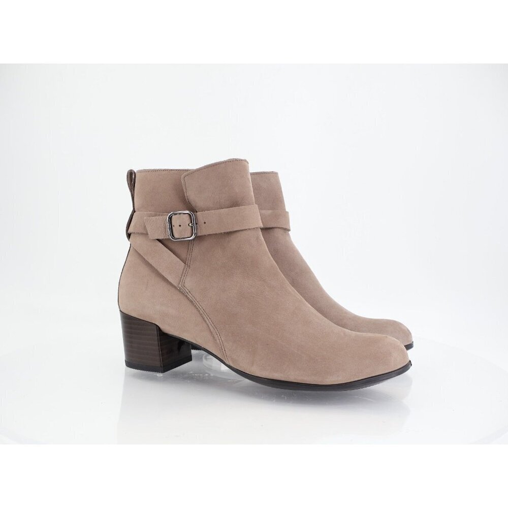 Ecco Dress Classic 35 Buckle Ankle Block Heel Boots Beige Nubuck Leather Size 10